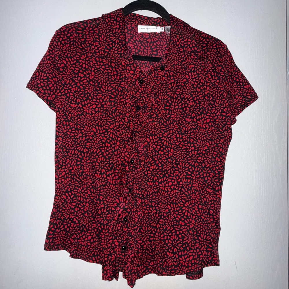 Dana Buchman Red and Black Floral Button Down Shirt